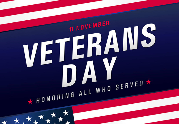 退役軍人の日11月11日全ての奉仕者を称えますアメリカテキスト、愛国的な青の背景とフラグ。バナーのベクトルイラストテンプレート - ベクター画像