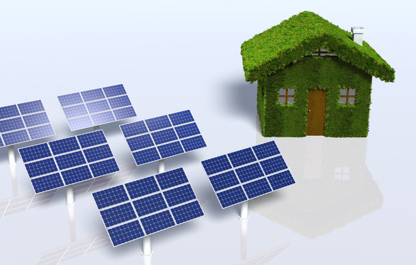 Casa cubierta de hierba con algunos paneles solares
 - Foto, Imagen