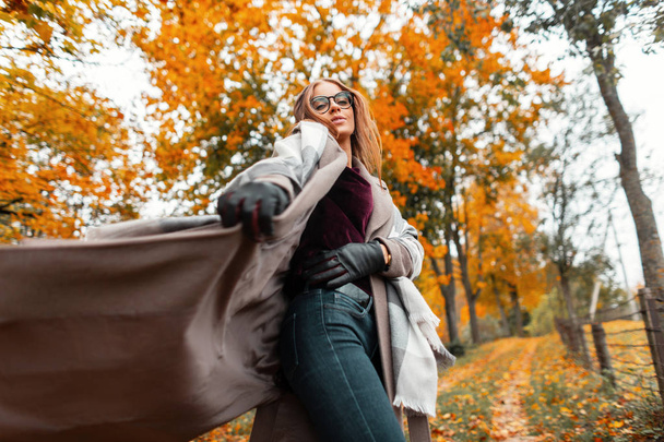 Mulher hipster jovem na moda em óculos em um casaco elegante em jeans na moda em um suéter de malha em luvas de couro posando em um parque entre árvores com folhas amarelas.Menina goza de um passeio em um dia de outono.
 - Foto, Imagem