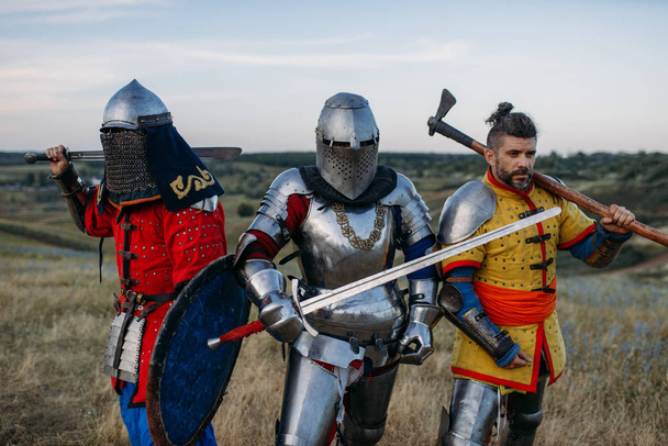 Średniowieczni rycerze z mieczami i siekierą w zbroi, wielki wojownik. Opancerzeni starożytni wojownicy w zbroi pozujący na polu - Zdjęcie, obraz