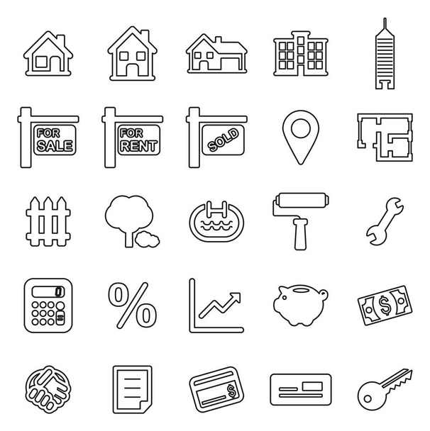 Real Estate Market or Real Estate Broker Icons Thin Line Vector  - Διάνυσμα, εικόνα