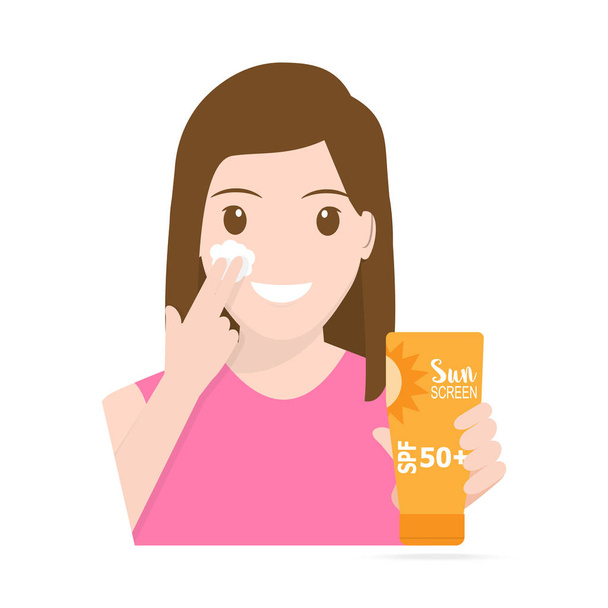 Woman applying sunscreen on face. The concept of beauty and health protection skin - Vector, Image
