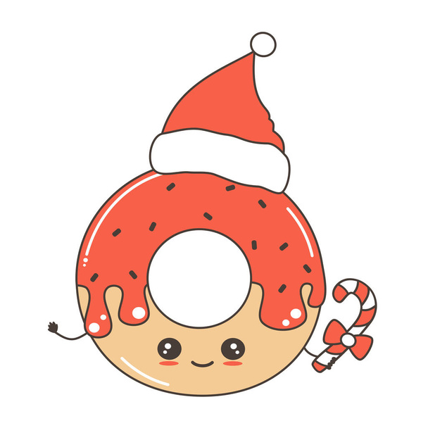 cute cartoon character christmas donut with santa hat funny vector illustration for greeting card - ベクター画像