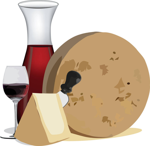 bottle of red wine with aged cheeses - Vector, Image