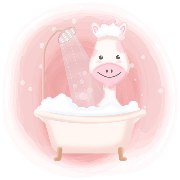 Mignonne girafe dans la baignoire et bulle dessin animé illustration dessinée à la main
 - Vecteur, image