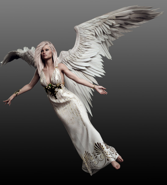 Ángel volador pensativo con alas blancas
 - Foto, imagen