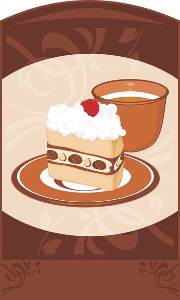 Piattino con torta e tazza di caffè sullo sfondo marrone ornamentale
 - Vettoriali, immagini
