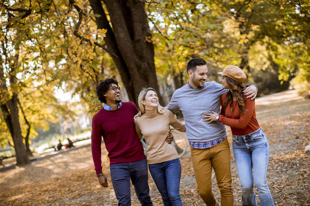 Group of multiracial young people walking in the autumn park and having fun - Foto, Imagem