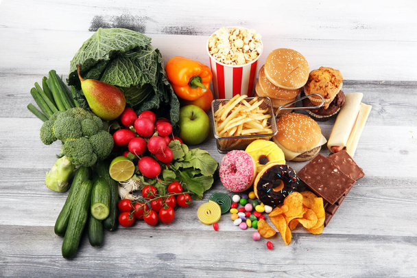 healthy or unhealthy food. Concept photo of healthy and unhealth - Photo, Image