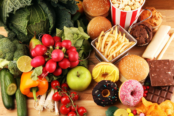 healthy or unhealthy food. Concept photo of healthy and unhealth - Photo, Image
