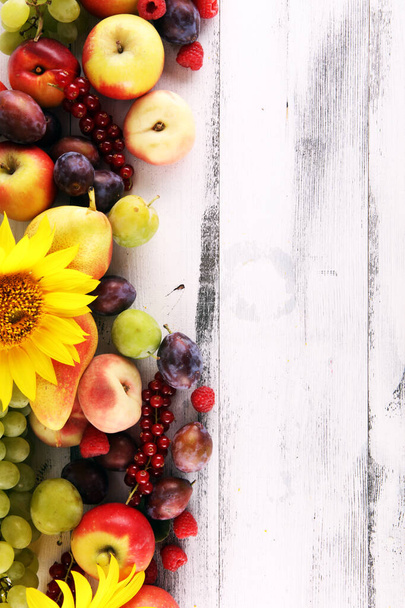 秋の自然のコンセプト。ブドウ、梅、サンフローの秋の果実 - 写真・画像