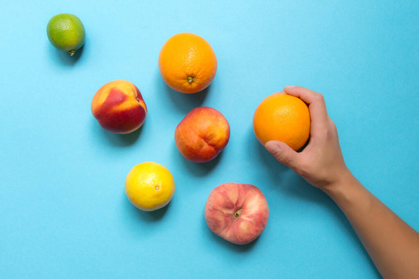 Female hand holds whole orange and around citrus fruits lime, orange, peach, nectarine on Food blue background. Flat lay top view  - Photo, image