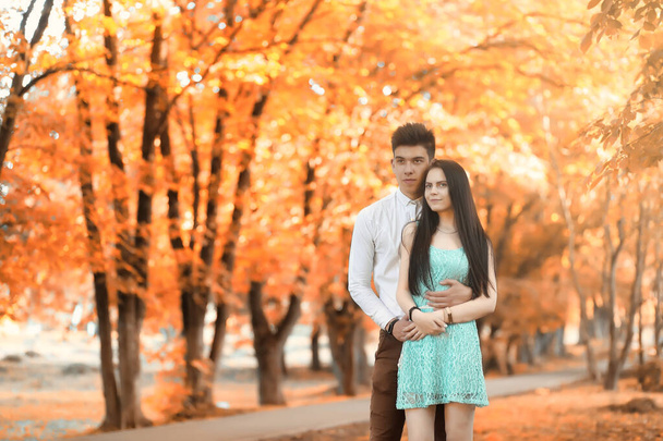 秋の公園で歩く若いカップルします。  - 写真・画像