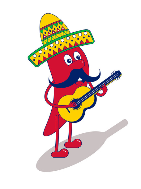 Mexican mariachi chilli pepper with yellow guitar - Vector, Imagen