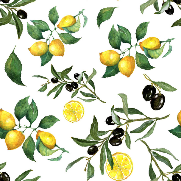 Watercolor seamless pattern of lemon, lemon slices, olives and olive branch. excellent design for packaging, wrapping paper textile, menu, card, banner and etc - Foto, Imagem
