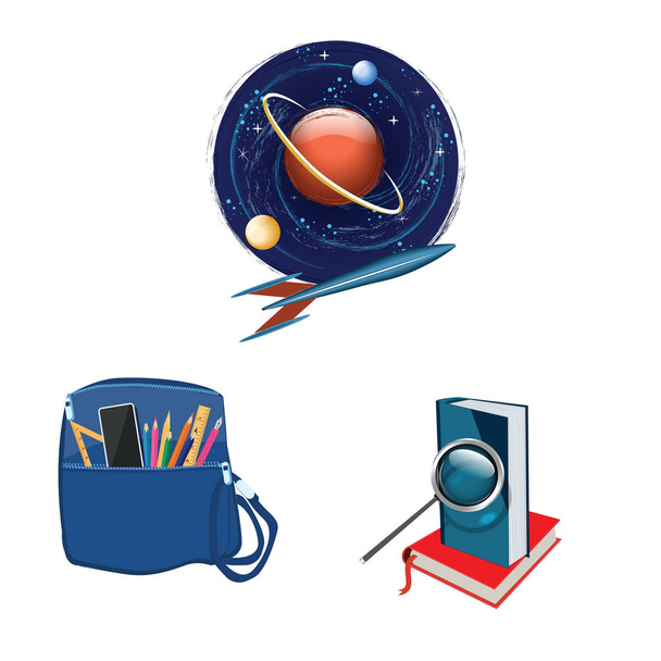 Icon round - Space, rocket, planet. Backpack with school supplies, books, magnifying glass - isolated on white background - vector. Back to school - Vector, Imagen