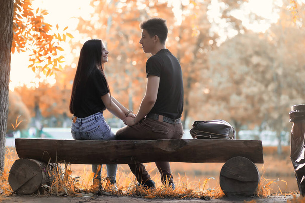 Νεαρό ζευγάρι για μια βόλτα στο πάρκο φθινόπωρο  - Φωτογραφία, εικόνα
