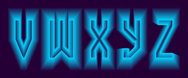 v, w, x, y, z Buchstaben mit blauem Neonlicht. Leuchtende volumetrische Schrift. - Vektor, Bild