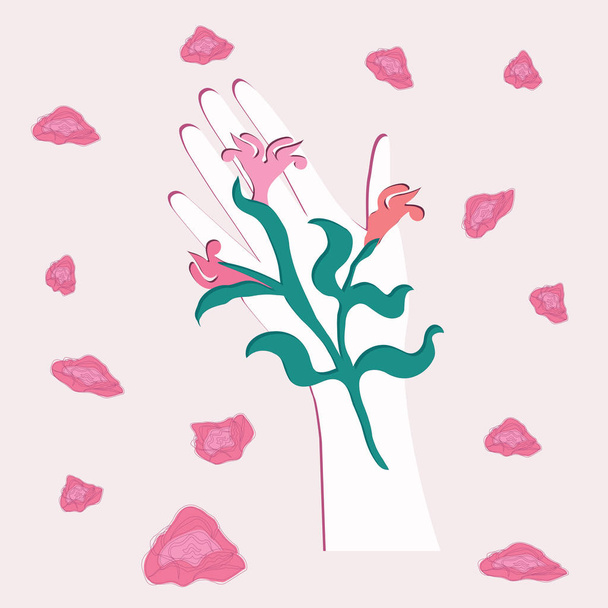 Female hand - a bouquet of abstract flowers on the palm - soaring roses on a light background - flat style - vector. - Вектор, зображення