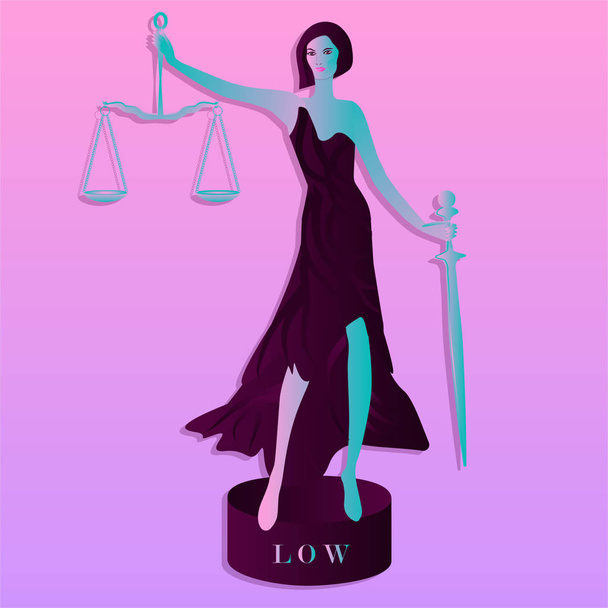 Themis Goddess Modern, elegant, on a pedestal - Scales of Justice and a sword - pink violet background - vector. - Vector, afbeelding