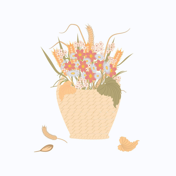 Autumn bouquet in wicker basket - isolated on a light background - vector. Decorative element for congratulatory design. - Вектор, зображення