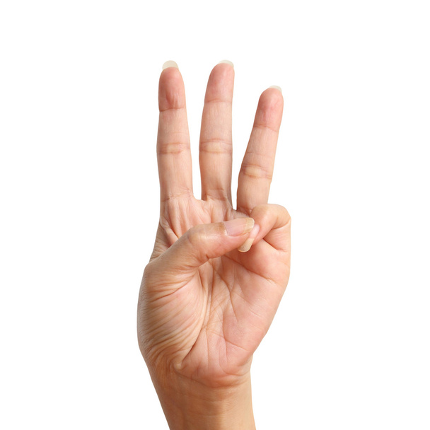Três sinal levantar, fazendo à mão isolado sobre backgr branco
 - Foto, Imagem