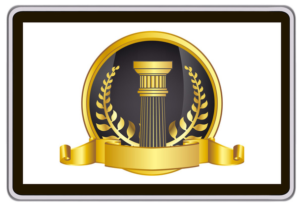 Realistic vector tablet pc computer with gold laurel wreath, ribbon and pillar elements - Vector, afbeelding