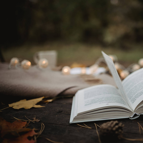 On an old wooden table in an autumn park lies an open book, a plaid, a garland with lights, a cup of yellow leaves and sos cones. Top view, in blur. Autumn warm dark mood, soft focus. - Foto, imagen