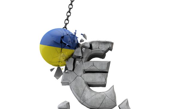 Ukraine flag ball smashing a European Euro currency symbol. 3D Render - Foto, Imagem