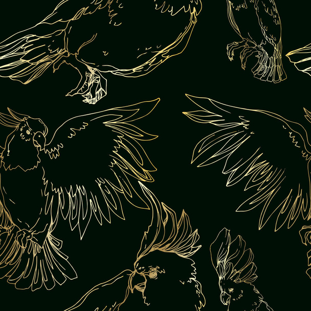 Vector Sky madár kakadu egy vadon élő állatok elszigetelt. Fekete-fehér vésett tinta művészet. Zökkenőmentes háttér minta. - Vektor, kép