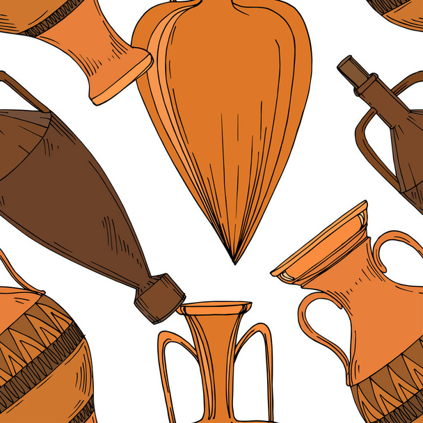 Vector Antique greek amphoras. Black and white engraved ink art. Seamless background pattern. - Vecteur, image
