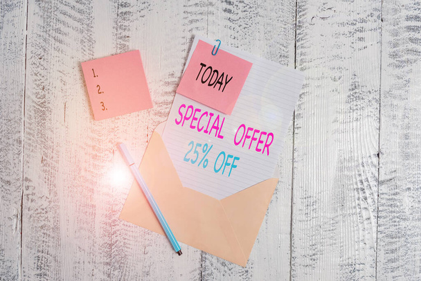 Conceptual hand writing showing Special Offer 25 Percent Off. Business photo text Discounts promotion Sales Retail Marketing Offer Envelope blank sheet sticky note ballpoint wooden background. - Photo, Image
