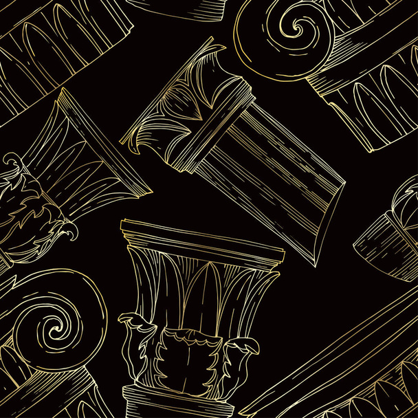 Vector Antique greek columns. Black and white engraved ink art. Seamless background pattern. - Vecteur, image