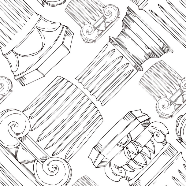 Vector Antique greek columns. Black and white engraved ink art. Seamless background pattern. - Vector, Image
