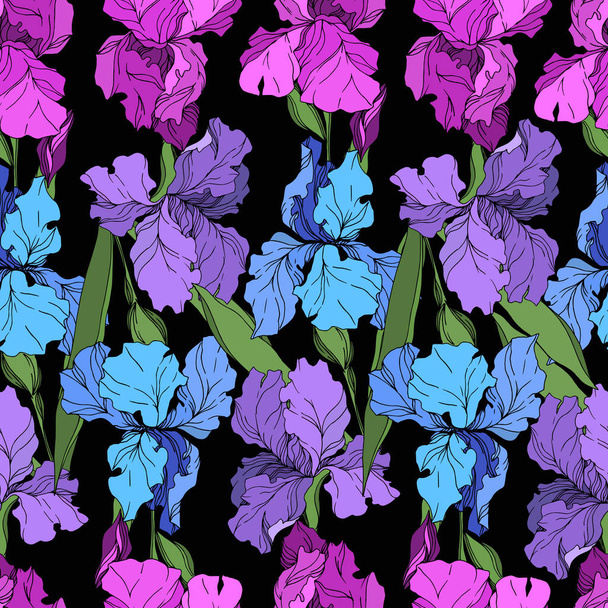 Vector Iris floral botanical flowers. Black and white engraved ink art. Seamless background pattern. - Vektor, Bild