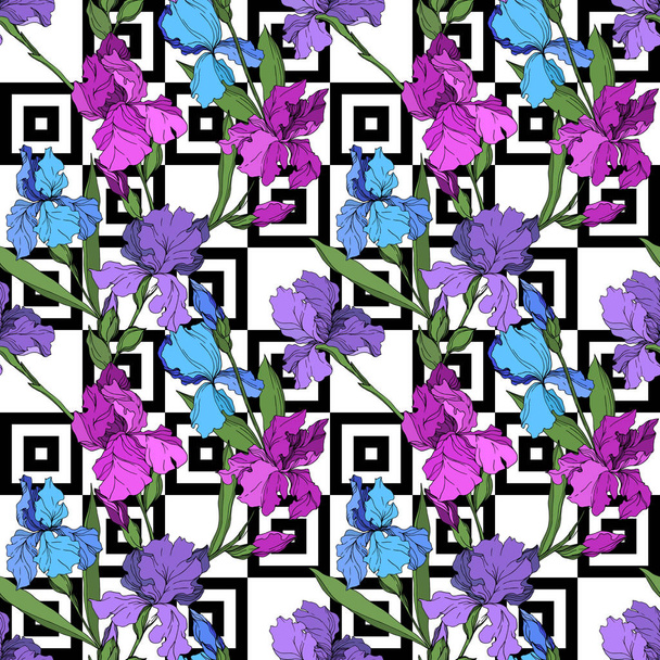 Vector Iris kwiatowe kwiaty botaniczne. Czarno-biała grawerowana sztuka atramentu. Płynny wzór tła. - Wektor, obraz