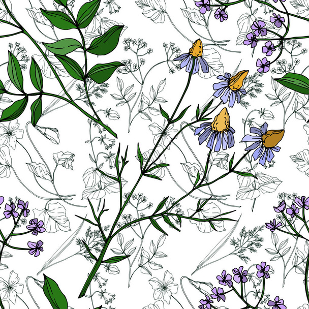 Vector Wildflowers floral botanical flowers. Black and white engraved ink art. Seamless background pattern. - Vector, afbeelding