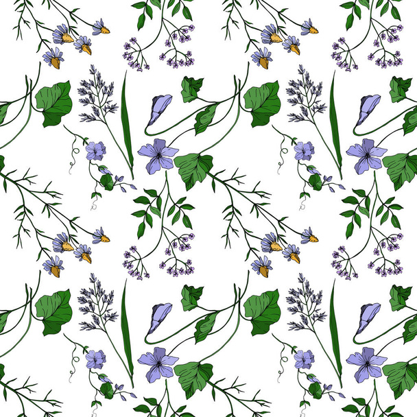 Vector Wildflowers floral botanical flowers. Black and white engraved ink art. Seamless background pattern. - Wektor, obraz
