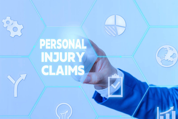 Handwriting text Personal Injury Claims. Concept meaning being hurt or injured inside work environment Male human wear formal work suit presenting presentation using smart device. - Fotoğraf, Görsel