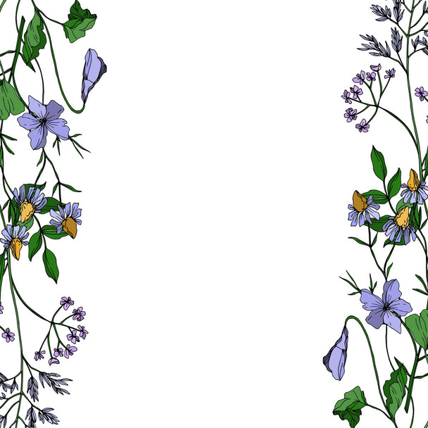 Vector Wildflowers floral botanical flowers. Black and white engraved ink art. Frame border ornament square. - Vektor, Bild