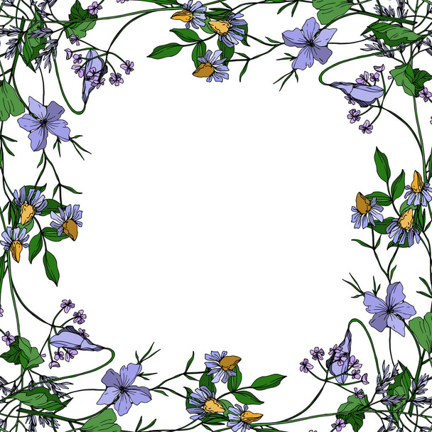 Vektorwildblumen florale botanische Blumen. Schwarz-weiß gestochene Tuschekunst. Rahmen Rand Ornament Quadrat. - Vektor, Bild