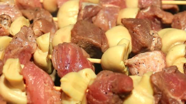 Grillen van vers vlees en champignons op de barbecue - van dichtbij bekijken - Video