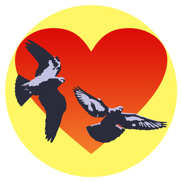 Kalbin arka planında iki güvercin, aşkın sembolü. - Fotoğraf, Görsel