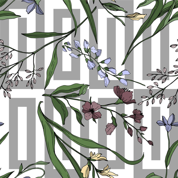 Vector Wildflower floral botanical flowers. Black and white engraved ink art. Seamless background pattern. - Vector, Imagen