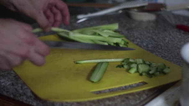 Cook cuts cucumbers in the kitchen - Felvétel, videó