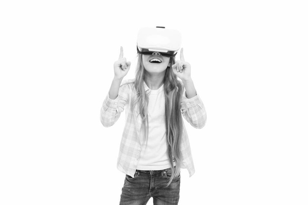 Explore digital world. Play cyber game and study. Modern education. Alternative education technology. Virtual education. Kid wear hmd explore virtual or augmented reality. Girl interact cyber reality - Photo, Image