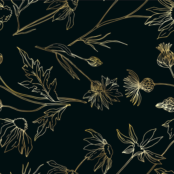 Vector wildflowers floral botanical flowers. Black and white engraved ink art. Seamless background pattern. - Vector, Imagen