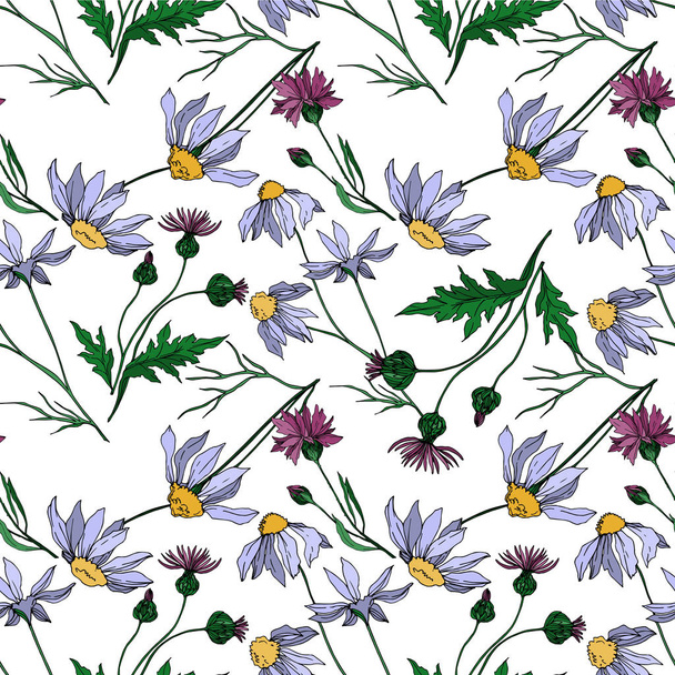 Vector wildflowers floral botanical flowers. Black and white engraved ink art. Seamless background pattern. - Vector, afbeelding