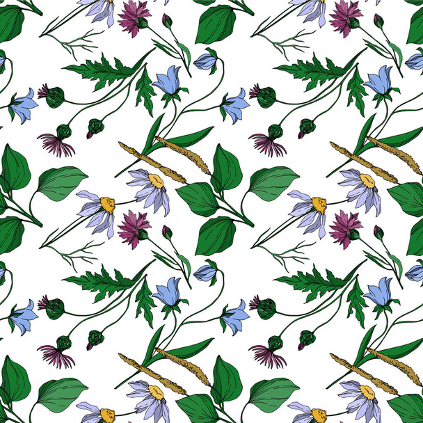 Vector wildflowers floral botanical flowers. Black and white engraved ink art. Seamless background pattern. - Wektor, obraz