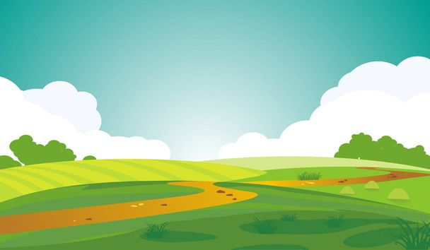 Vector illustration of a serene landscape, beautiful summer dawn, green hills, arable land and winding path, bright color blue sky, country background in flat cartoon style. - ベクター画像